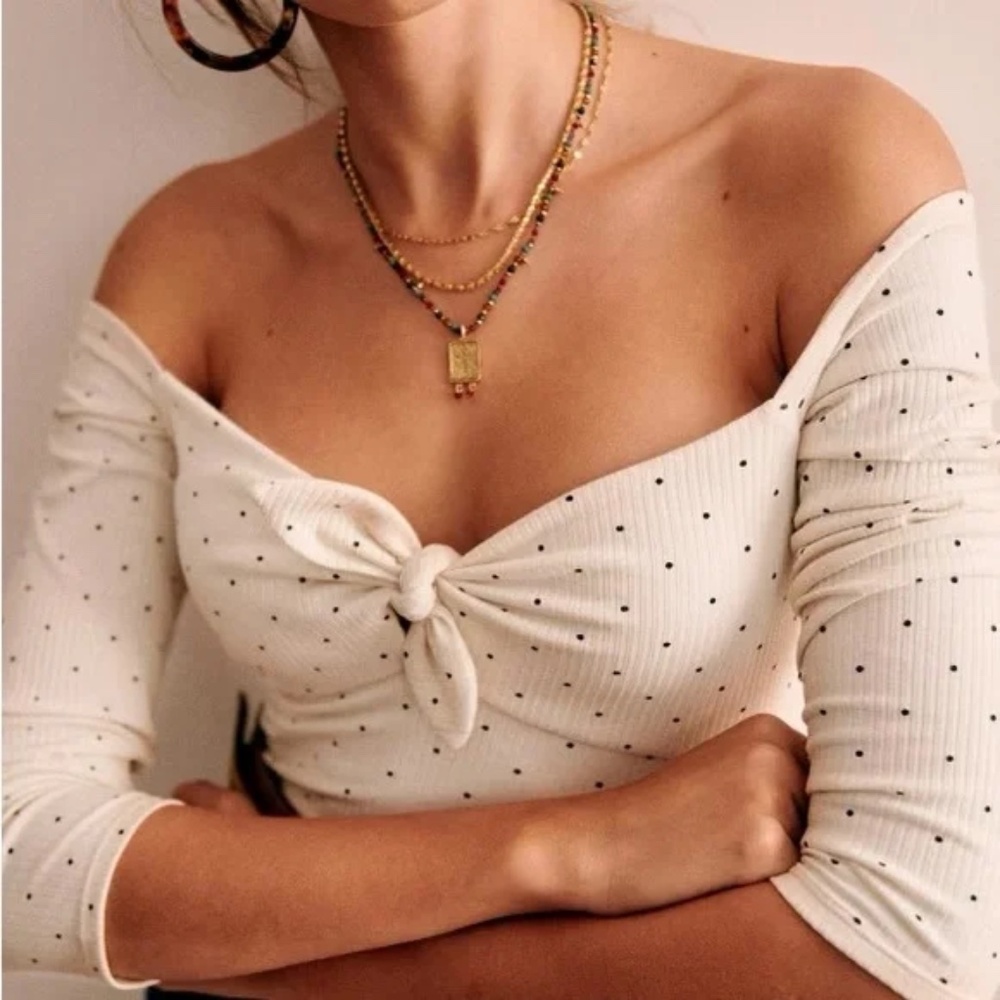 Sezane Cream Polka Dot Off-Shoulder Blouse